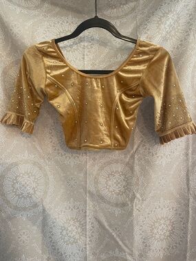 Gold Embellished Women's Stretch Saree Choli Blouse - Elegant Scoop Neck